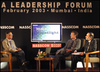 Infosys chief Narayana Murthy, along with by Kiran Karnik, president, Nasscom, and Peter Sutherland, Canadian High Commissioner. Photo: Jewella C Miranda