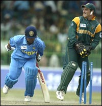 Sachin Tendulkar run out by Boucher